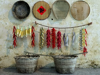 Rustic Garden Decor With Woven Plates Hanging Corn Chili Fish And Baskets On Vintage Wall 3d model