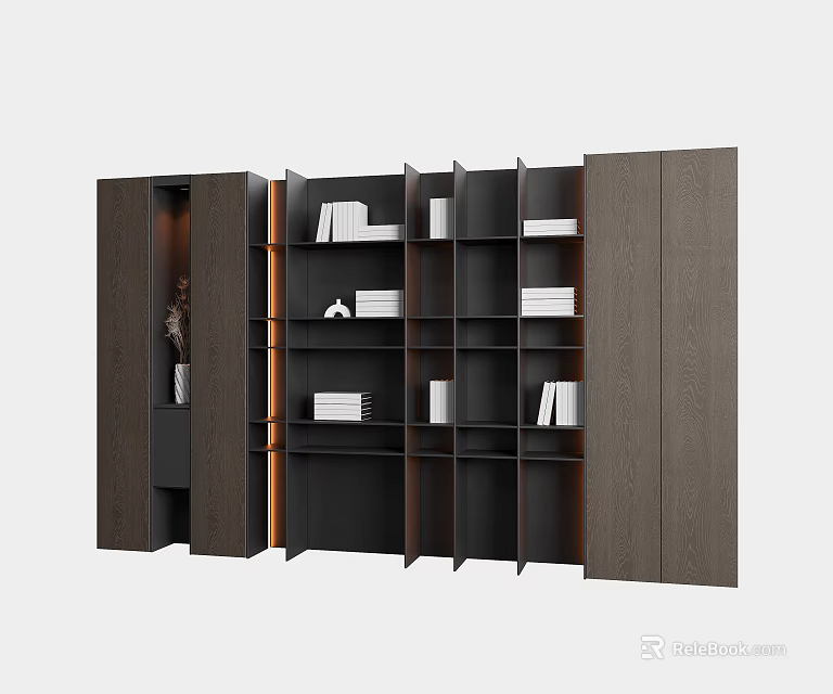 Modern Dark Wood Bookshelf Design With Multiple Shelves And Decorative Books 3d model 