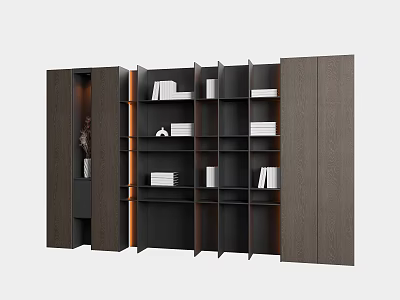 Modern Dark Wood Bookshelf Design With Multiple Shelves And Decorative Books 3d model