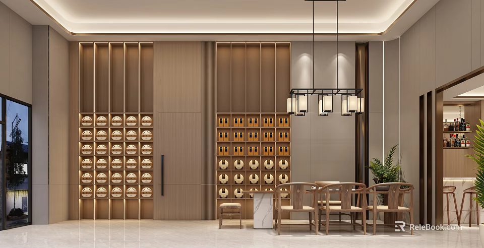 Traditional Teahouse Interior With Wooden Decor Tea Shelf Pendant Lights Tables And Chairs 3d model 