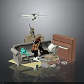 Toy Characters And Stuffed Animal On Sofa Near Piano With Boxes And Shoes