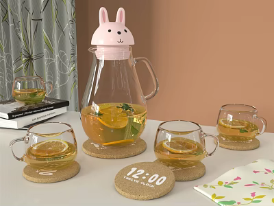 Cute Pink Rabbit Head Glass Teapot And Teacups Set With Lemon Slices On Cork Coasters 3d model