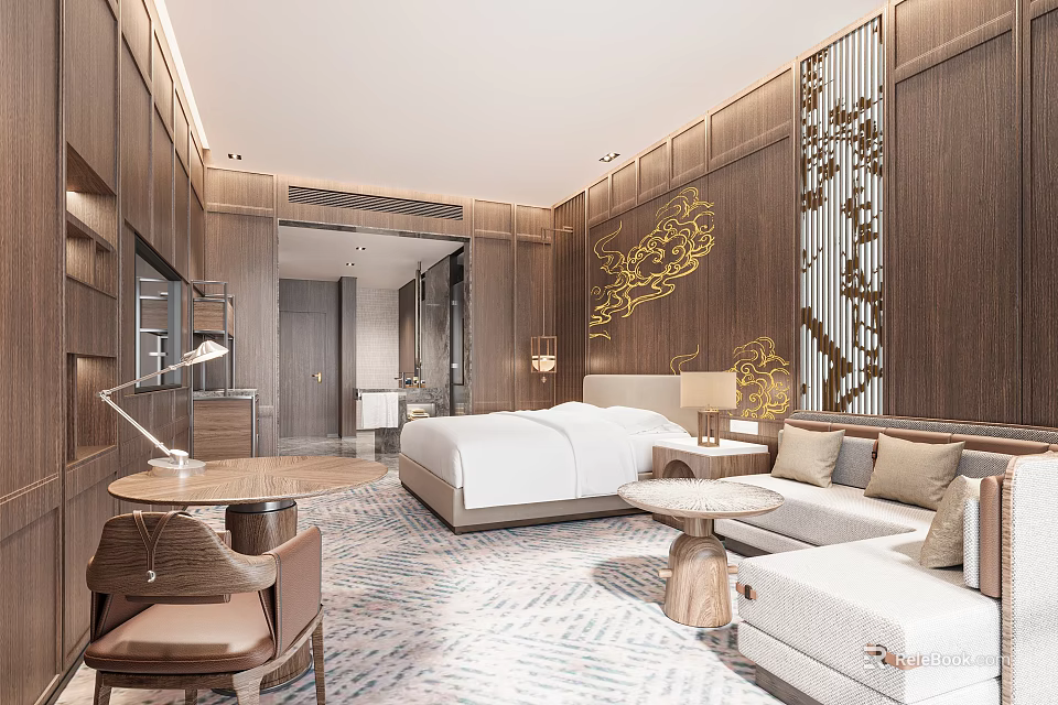 Modern Hotel Room With Wooden Walls Gold Decorative Patterns Large Bed Sofa And Patterned Carpet 3d model 