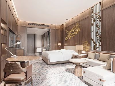 Modern Hotel Room With Wooden Walls Gold Decorative Patterns Large Bed Sofa And Patterned Carpet 3d model