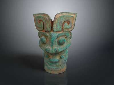 Ancient Bronze Beast Mask Sculpture Carving Featuring Symmetric Patterns And Greenish Patina 3d model