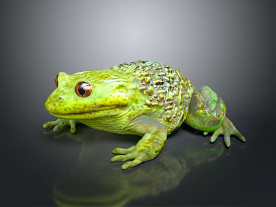 Green Frog With Red Eyes Textured Skin On Black Background With Reflection 3d model