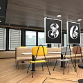 Bright Cafeteria Interior With White Tables Yellow Chairs Coffee Machine And Wooden Floor
