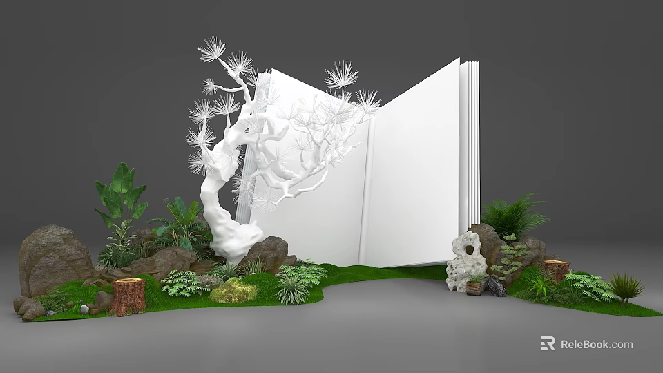 Floral Art Installation With Open White Book Sculpture Tree Decoration Green Plants Rocks And Moss 3d model 