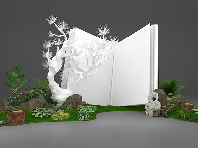 Floral Art Installation With Open White Book Sculpture Tree Decoration Green Plants Rocks And Moss 3d model