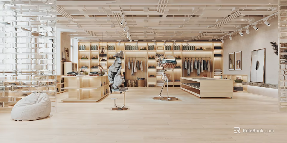 Modern Boutique Store Interior With Wooden Shelves Clothing Displays And Mannequins 3d model 