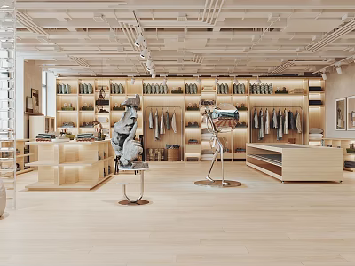 Modern Boutique Store Interior With Wooden Shelves Clothing Displays And Mannequins 3d model