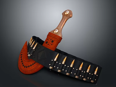 Vintage Dagger with Brown Handle Black Sheath and Bullet Belt Design 3d model