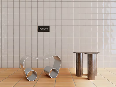 Metal Side Tables With Curved Shape And Cylindrical Legs Against Tile Wall On Wooden Floor 3d model