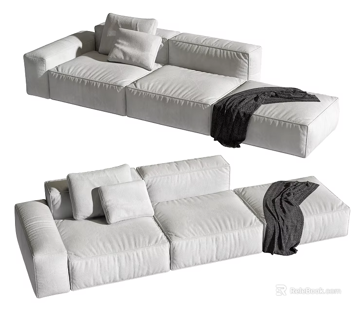 White Sectional Sofa with Plush Cushions and Stylish Throw Blanket 3d model