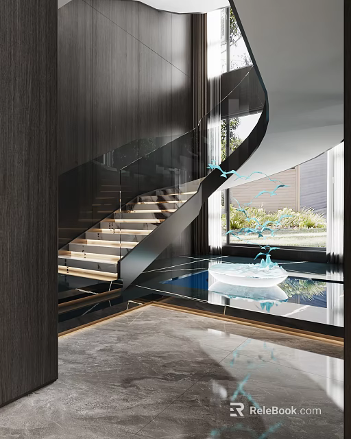 Modern Staircase Interior Design With Black Metal Glass Railing Wooden Wall And Illuminated Steps 3d model 