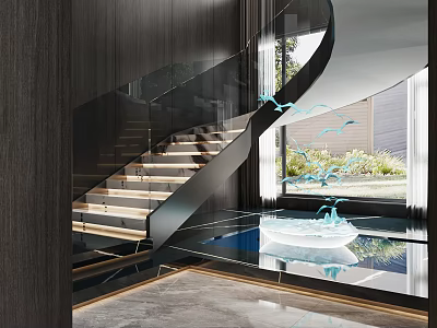 Modern Staircase Interior Design With Black Metal Glass Railing Wooden Wall And Illuminated Steps 3d model