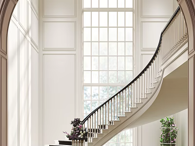 Curved Staircase with Black Metal Railing Wooden Steps Large Window and Natural Light 3d model