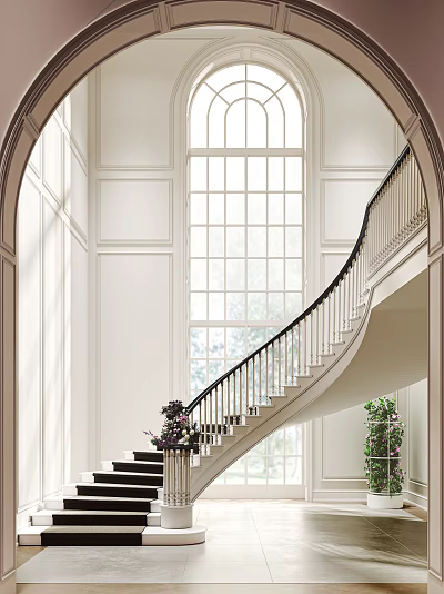 Curved Staircase with Black Metal Railing Wooden Steps Large Window and Natural Light 3d model