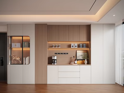 Modern Minimalist Decorative Cabinet With Wooden White Finish Open Shelves Glass Doors And Coffee Machine 3d model
