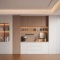 Modern Minimalist Decorative Cabinet With Wooden White Finish Open Shelves Glass Doors And Coffee Machine