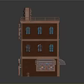 Industrial Style Building Brown Brick Multi Story Structure With Gear Decorations Chimney And Blue Awning