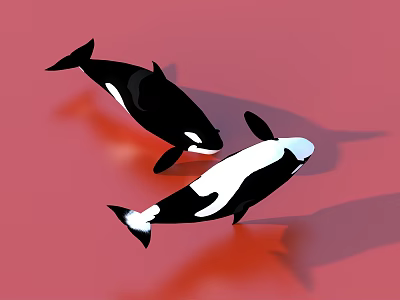 Two Black And White Orcas Swimming On Red Background With Shadows 3d model