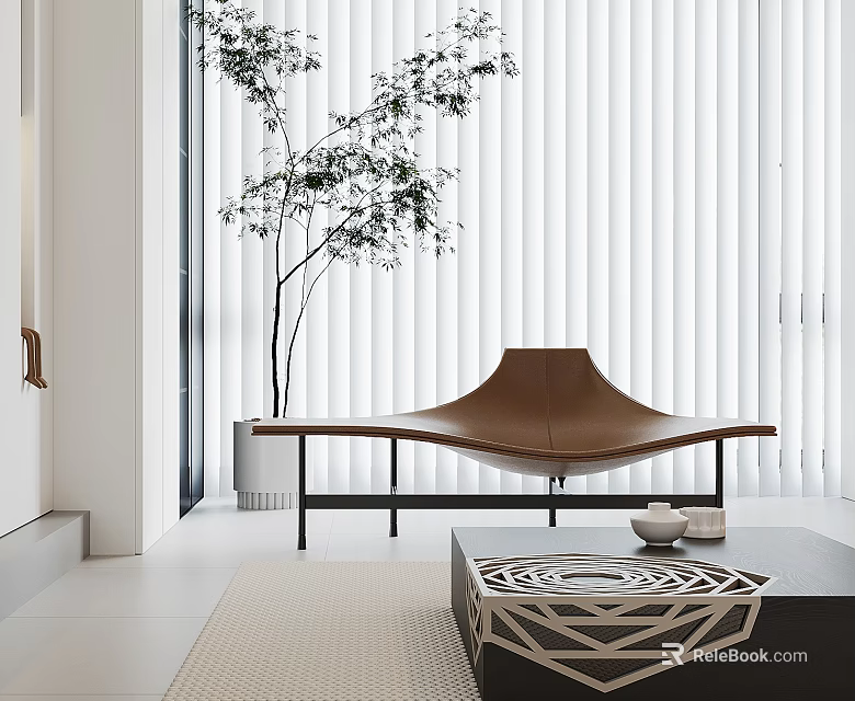 Brown Leather Chaise Lounge in Modern Interior with White Blinds Green Plant and Coffee Table 3d model 