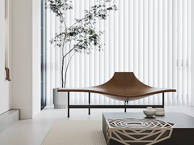 Brown Leather Chaise Lounge in Modern Interior with White Blinds Green Plant and Coffee Table 3d model