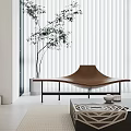 Brown Leather Chaise Lounge in Modern Interior with White Blinds Green Plant and Coffee Table