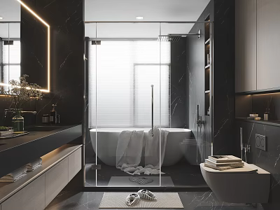 Modern Bathroom Interior With Freestanding Bathtub Glass Shower And Marble Walls 3d model