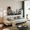 Modern Beige Two Seater Sofa With Decorative Pillows Floor Lamp Green Plant And Wall Art
