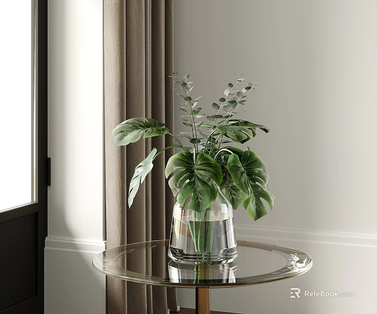 Transparent Glass Vase with Fresh Green Plants on Round Glass Table Near Window Curtain 3d model 