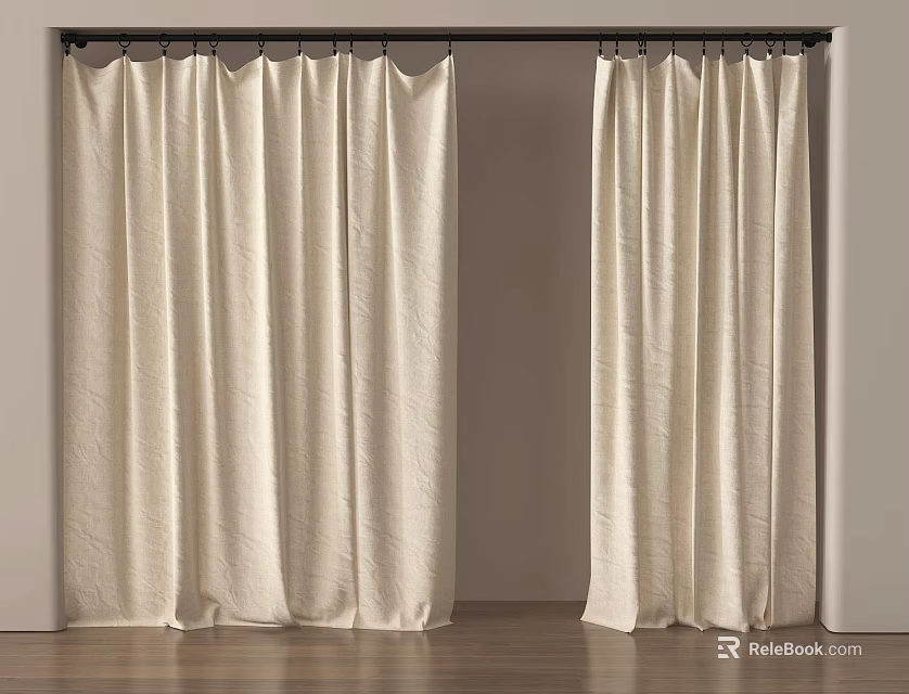 Beige Fabric Curtains Hanging On Black Curtain Rod With White Walls And Wooden Floor 3d model 