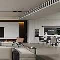 Modern Living and Dining Room Interior With Sofa TV Wall Fireplace And Large Windows