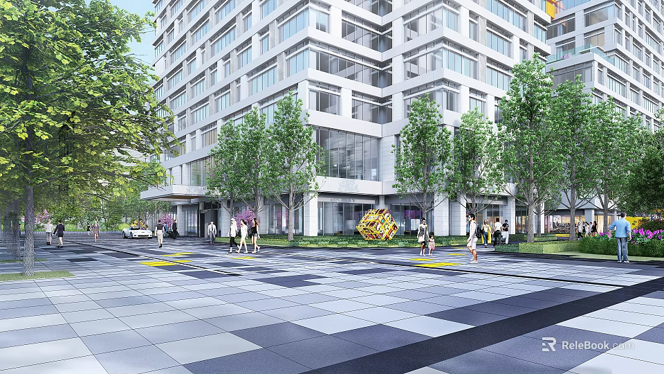 Modern Garden Landscape With Lush Trees Paved Square And Pedestrians Near High Rise Building 3d model 