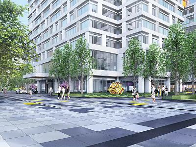 Modern Garden Landscape With Lush Trees Paved Square And Pedestrians Near High Rise Building 3d model