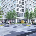 Modern Garden Landscape With Lush Trees Paved Square And Pedestrians Near High Rise Building