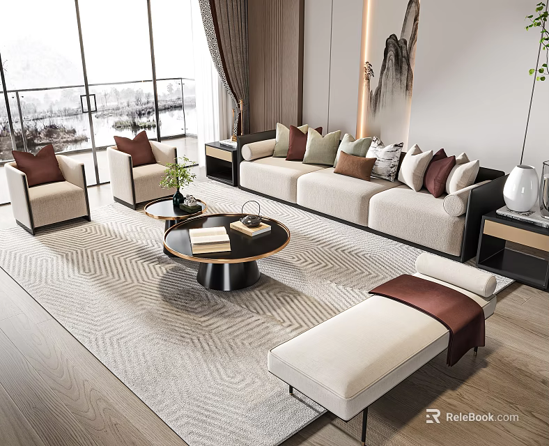 Modern Sofa And Coffee Table Set With Decorative Pillows And Area Rug In Living Room 3d model 