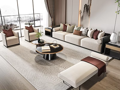 Modern Sofa And Coffee Table Set With Decorative Pillows And Area Rug In Living Room 3d model