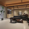 Modern Living Room Interior With Black Leather Sofa Wooden Coffee Table Plants And Wooden Ceiling