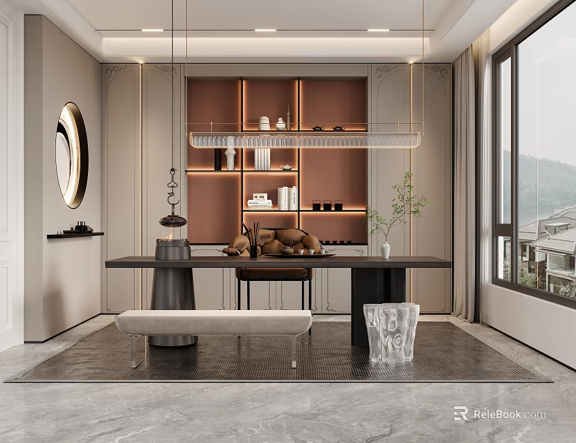 Modern Tea Room Interior With Table Cabinets And Scenic View 3d model 