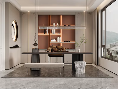 Modern Tea Room Interior With Table Cabinets And Scenic View 3d model
