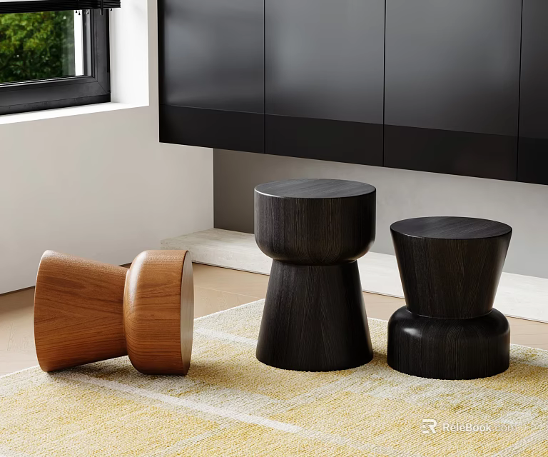 Modern Wooden Stools In Contemporary Interior With Black Cabinets And Carpet 3d model 