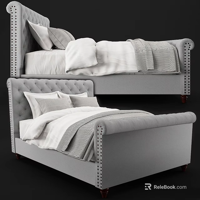 Gray Tufted Double Bed With Nailhead Trim And White Gray Bedding 3d model