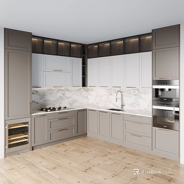 Modern Kitchen With Gray And White Cabinets Marble Countertop Wine Storage And Appliances 3d model 
