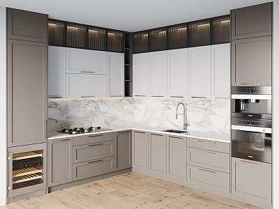 Modern Kitchen With Gray And White Cabinets Marble Countertop Wine Storage And Appliances 3d model
