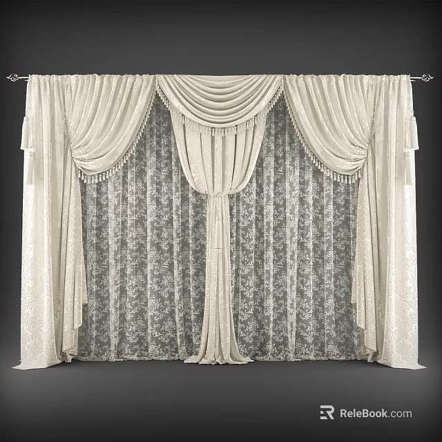 Elegant Ivory Patterned Curtains With Pleated Top Tassels And Lace Window Treatment 3d model 
