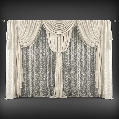 Elegant Ivory Patterned Curtains With Pleated Top Tassels And Lace Window Treatment 3d model