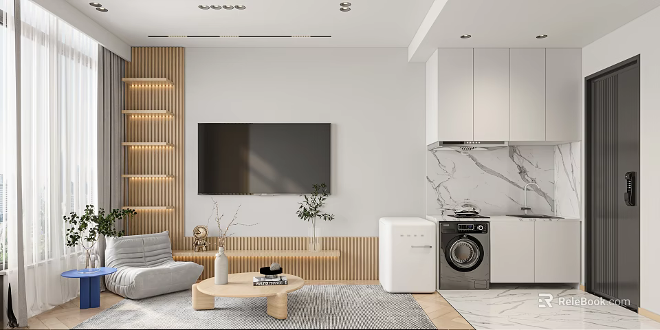 Modern Apartment Interior Design With Living Room Laundry Area Wooden Accents And Plants 3d model 