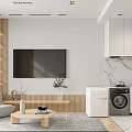 Modern Apartment Interior Design With Living Room Laundry Area Wooden Accents And Plants